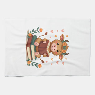 Vintage Highland Cow Reading Books Floral Cute Boo Tea Towel