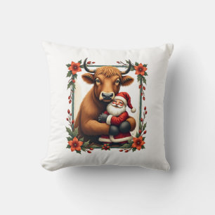 Vintage Highland Cow Santa Hug Christmas Rustic Fa Cushion