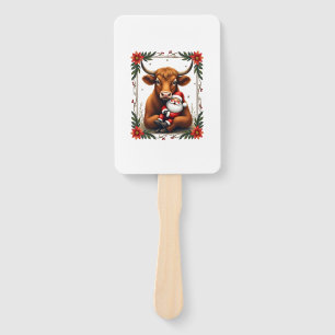 Vintage Highland Cow Santa Hug Christmas Rustic Fa Hand Fan
