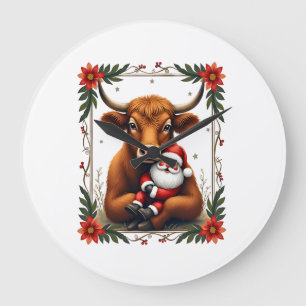 Vintage Highland Cow Santa Hug Christmas Rustic Fa Large Clock