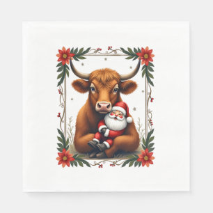 Vintage Highland Cow Santa Hug Christmas Rustic Fa Napkin