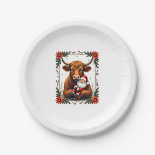 Vintage Highland Cow Santa Hug Christmas Rustic Fa Paper Plate