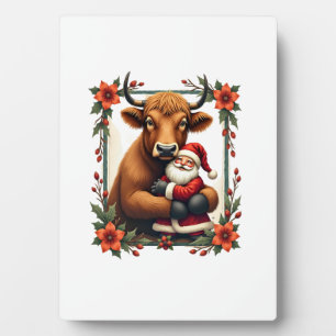 Vintage Highland Cow Santa Hug Christmas Rustic Fa Plaque