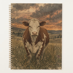 Vintage Highland Cow Sunset Illustration Planner