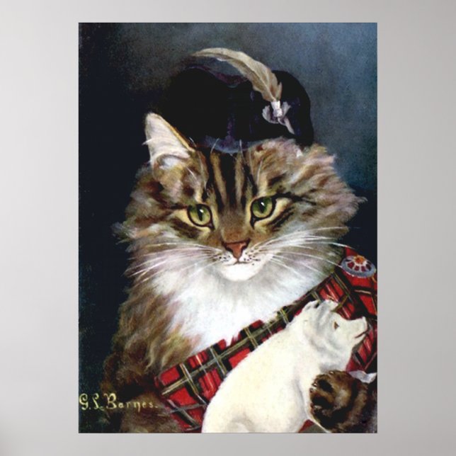 Vintage Highland Dress Cat Art Poster Print (Front)