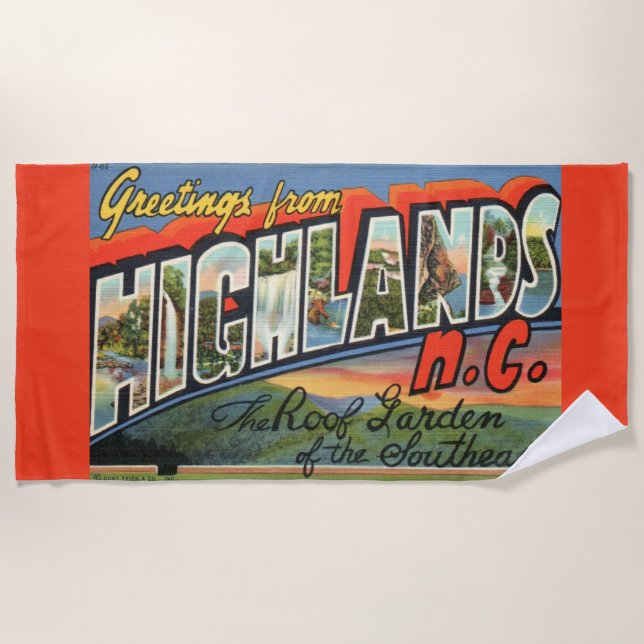 Vintage Highlands NC Postcard Beach Towel (Front)