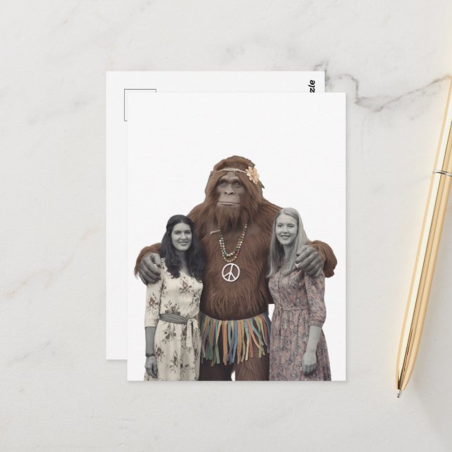 Vintage Hippie Ladies and Sasquatch Postcard (Front/Back In Situ)