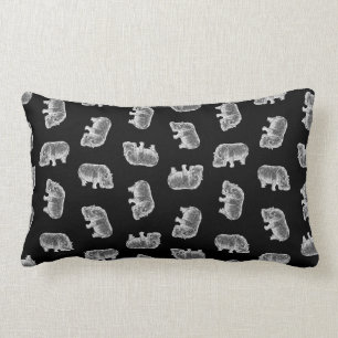 Vintage Hippo Print Pattern Hippopotamus Art Black Lumbar Cushion
