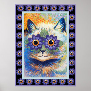 Vintage Hippy Flower Cat Poster Print