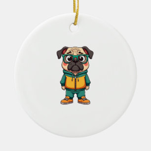 Vintage Hipster Pug Dog Cartoon Streetwear Graphic Ceramic Ornament