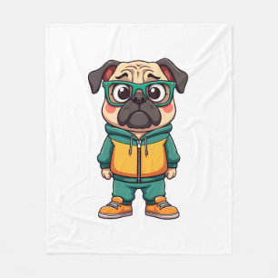 Vintage Hipster Pug Dog Cartoon Streetwear Graphic Fleece Blanket