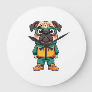 Vintage Hipster Pug Dog Cartoon Streetwear Graphic Large Clock