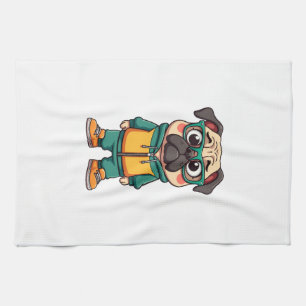 Vintage Hipster Pug Dog Cartoon Streetwear Graphic Tea Towel