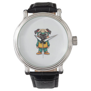 Vintage Hipster Pug Dog Cartoon Streetwear Graphic Watch