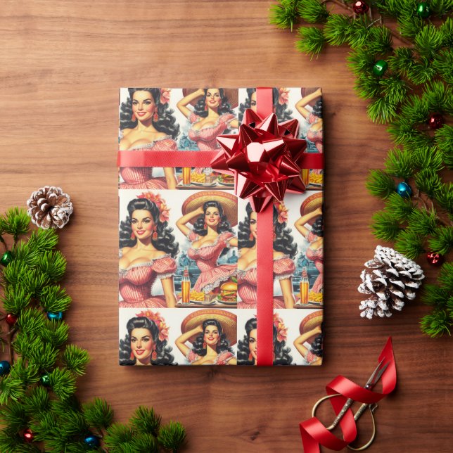 Vintage Hispanic Woman Illustration Wrapping Paper (Holiday Gift)