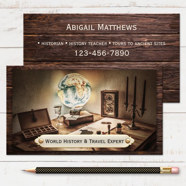 Vintage History Teacher Travel Business Card (Business card featuring a vintage office scene with a globe - travel - history - antique)