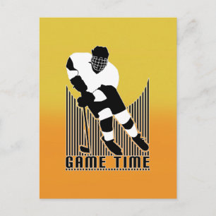 Vintage Hockey Game Time Orange Yellow Sports Postcard