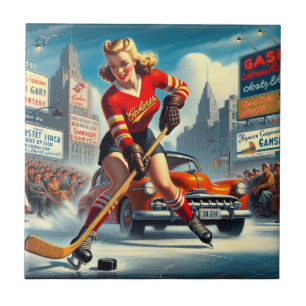 Vintage Hockey Girl Ceramic Tile