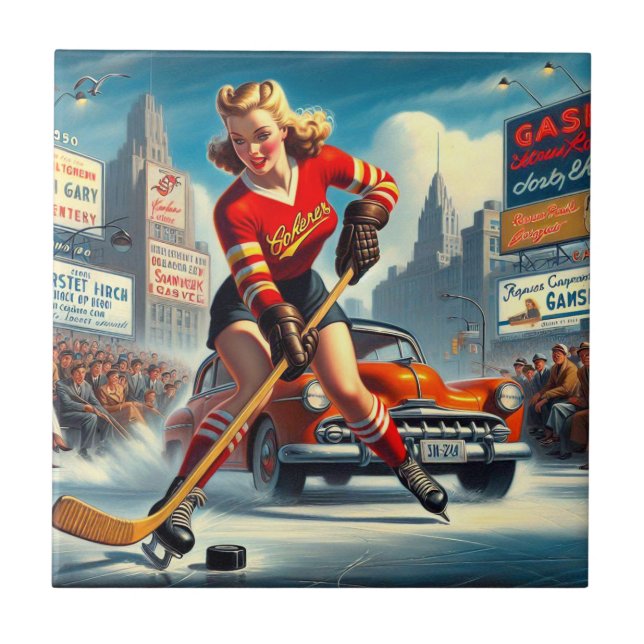 Vintage Hockey Girl Ceramic Tile (Front)
