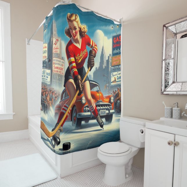 Vintage Hockey Girl Shower Curtain (In Situ)