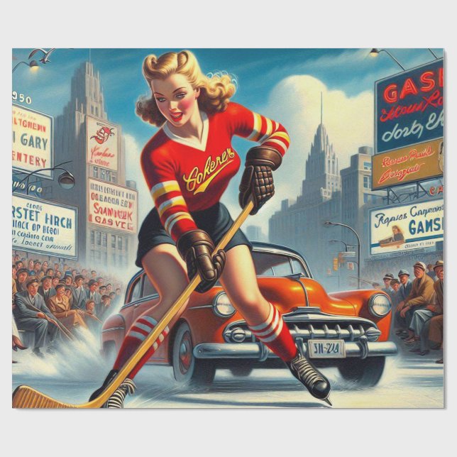 Vintage Hockey Girl Wrapping Paper (Flat)