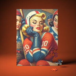 Vintage Hockey Girls Illustration Jigsaw Puzzle