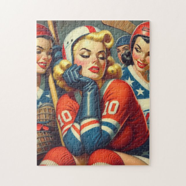 Vintage Hockey Girls Illustration Jigsaw Puzzle (Vertical)