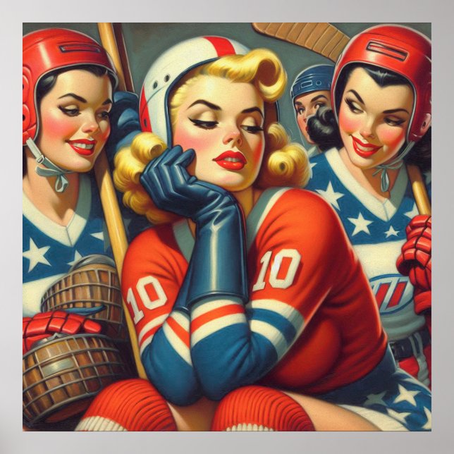 Vintage Hockey Girls Illustration Poster (Front)