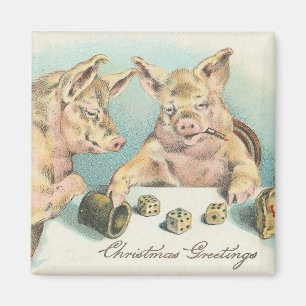 Vintage Hogs Playing Dice Christmas Greeting Magnet