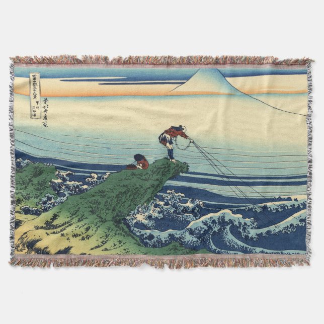 Vintage Hokusai Kajikazawa Fisherman Art Throw Blanket (Front)