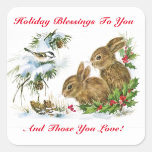 Vintage Holiday Blessings Bunnies Square Sticker
