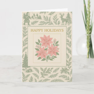Vintage Holiday Card with Pink Poinsettias & Woodl