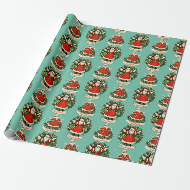 Vintage Holiday Cheer In Teal Wrapping Paper (Unrolled)