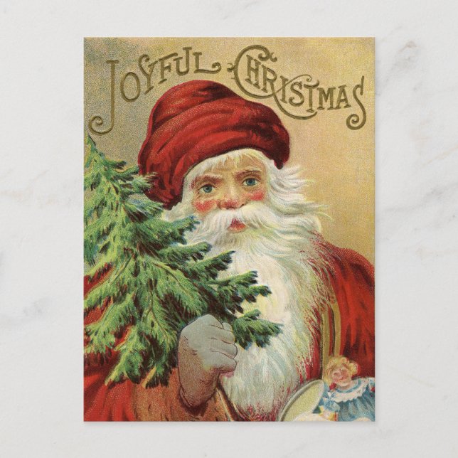 Vintage Holiday Christmas Santa and tree postcard (Front)