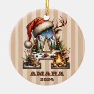 Vintage Holiday Letter A Beige-Striped Ceramic Ornament