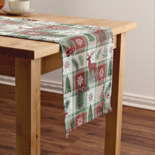 Vintage Holiday Plaid Christmas Holly Pattern Short Table Runner