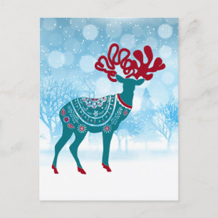 Vintage Holiday Red Blue Scandinavian Moose  Postcard