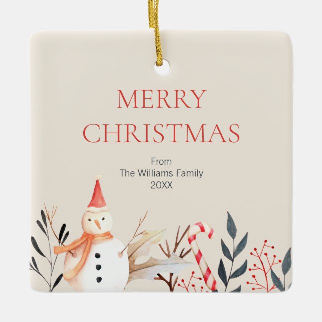 Vintage Holiday Snowman Christmas Ceramic Ornament (Front)