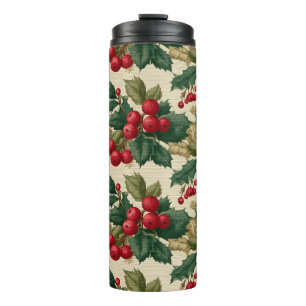 Vintage Holly and Berries Christmas Pattern Thermal Tumbler
