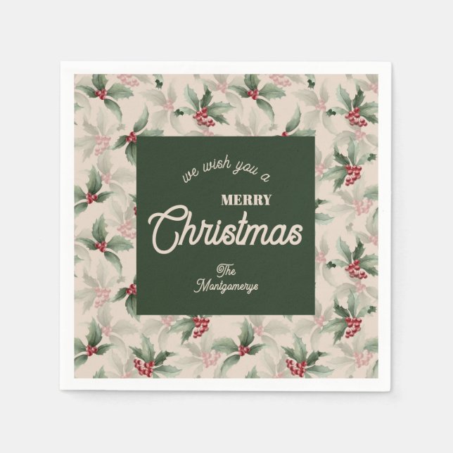 Vintage Holly and Berries Merry Christmas Napkin (Front)