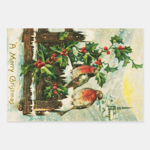 Vintage Holly and birds Christmas  Wrapping Paper Sheet
