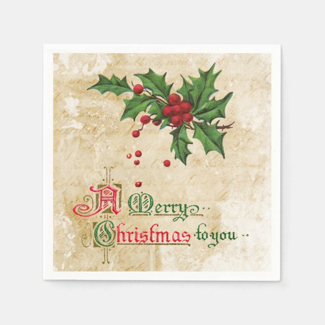 Vintage Holly and Merry Christmas Paper Napkin (Front)