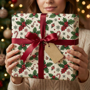 Vintage Holly Berries & Candy Canes Christmas Wrapping Paper