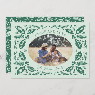 Vintage Holly Berries Oval Photo   Mint Green Holiday Card