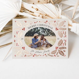 Vintage Holly Berries Photo Christmas Beige Foil Holiday Card