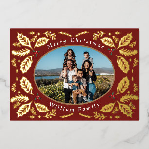 Vintage Holly Berries Wishes Christmas Gold Foil H Holiday Card