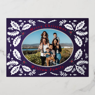 Vintage Holly Berries Wishes Christmas Silver Foil Holiday Card