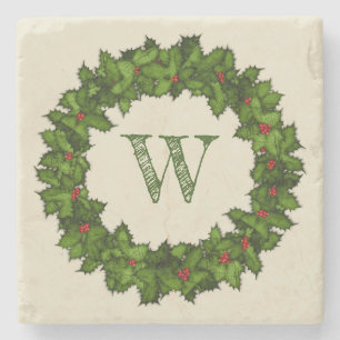 Vintage Holly Berries Wreath Green Monogram Stone Coaster