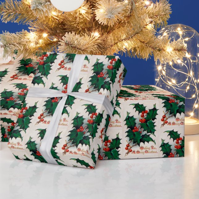 Vintage Holly Berry Christmas party wrap Wrapping Paper (Holidays)