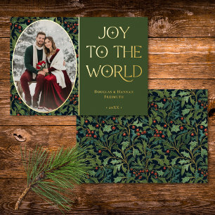 Vintage Holly Berry Green Joy to World Christmas Foil Holiday Card
